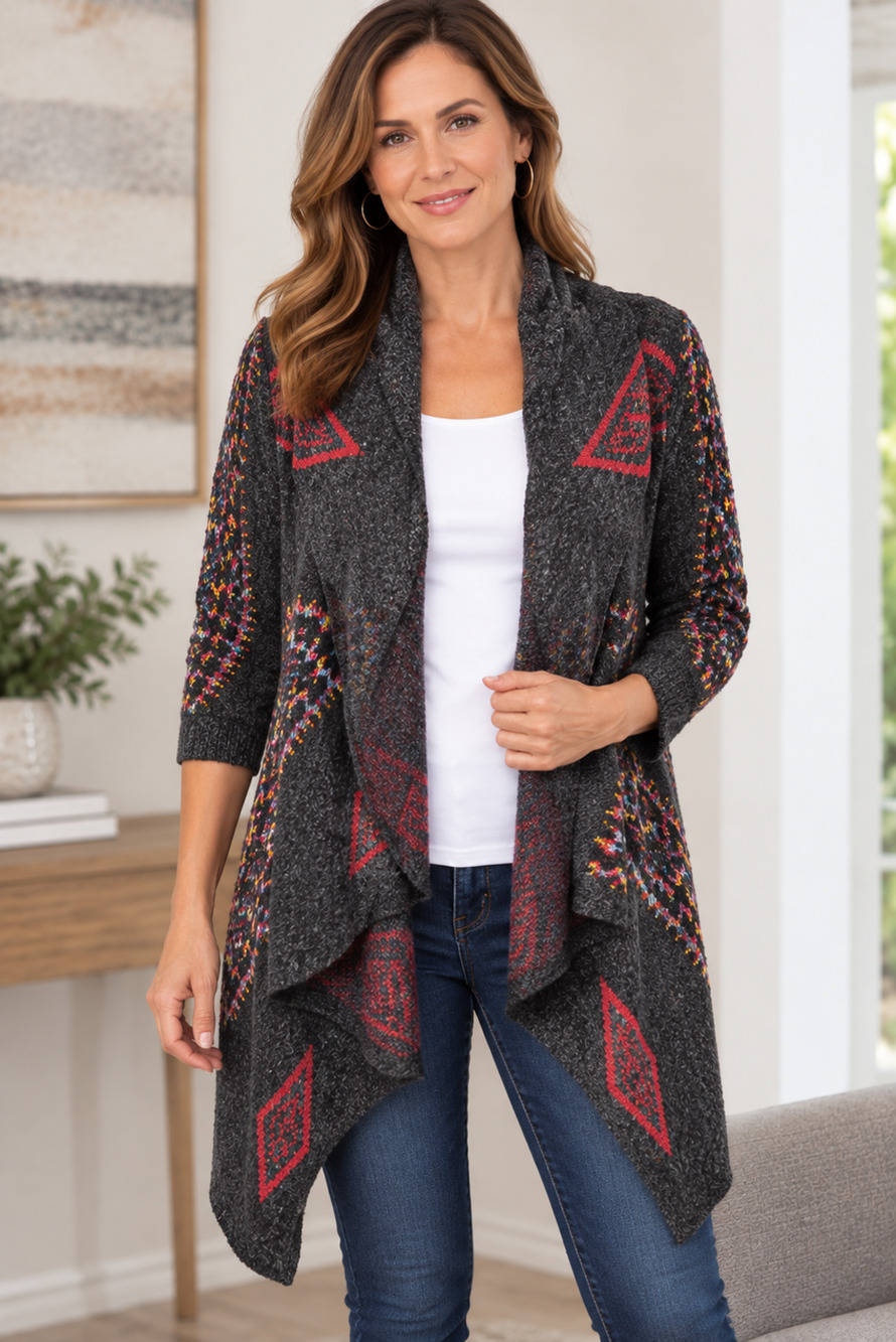 Dreamers Womens L Charcoal Multicolor Knit Open Front Waterfall Cardigan Sweater